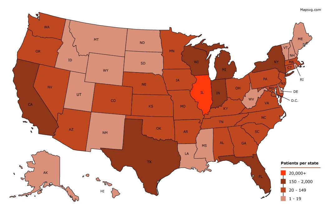 Map of patients across the U.S. who have visited our office.